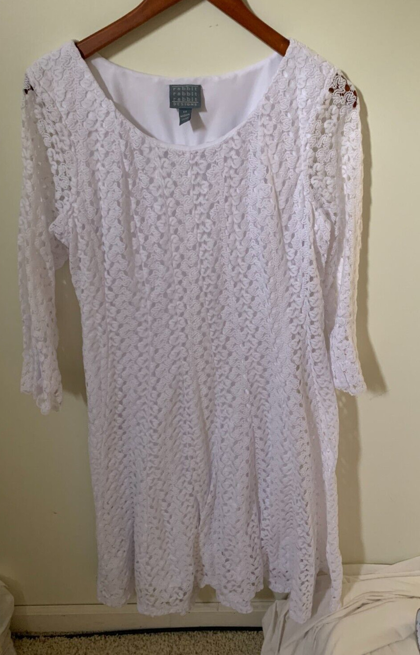 Rabbit Designs Elegant Dress Size 14 Crochet Overlay White Flare Bell Sleeves